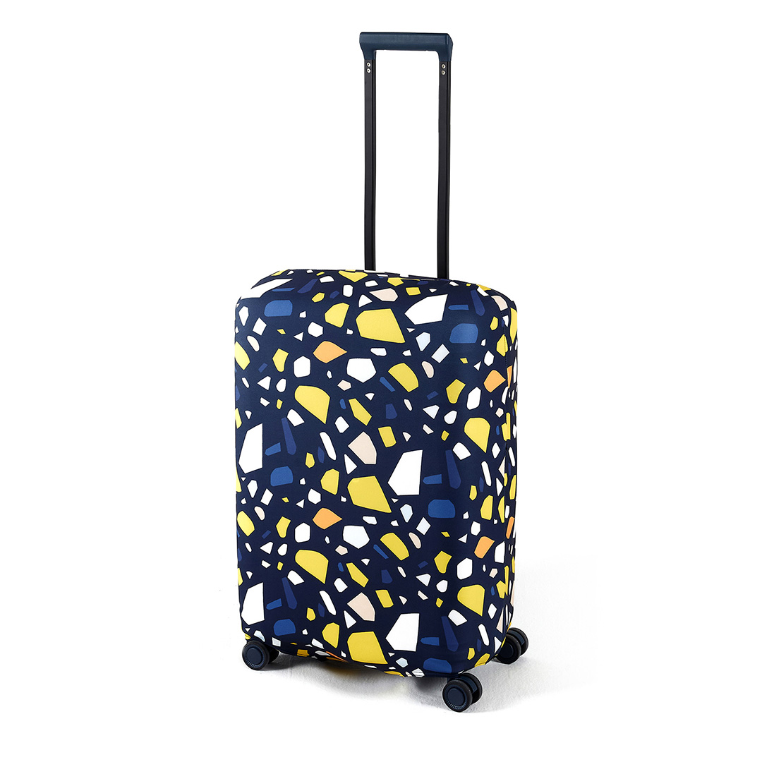 Cubre valija mediana 24″ a 26″ azul con estampado amarillo