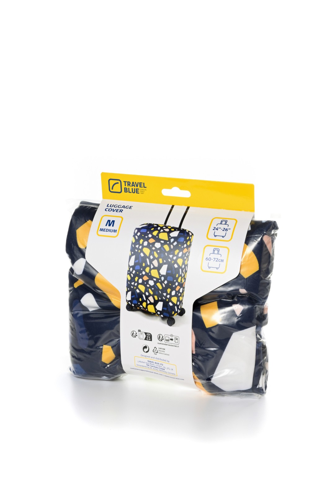Cubre valija grande 28″ a 30″ azul con estampado amarillo